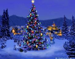 christmas tree in snowy village